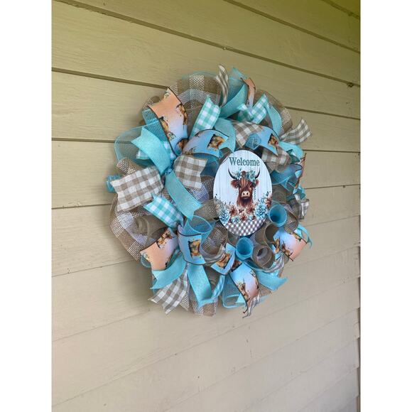 Highland Cow Welcome Wreath – Rustic Farmhouse Fall Design Wall or Door Decor - Picture 4 of 7